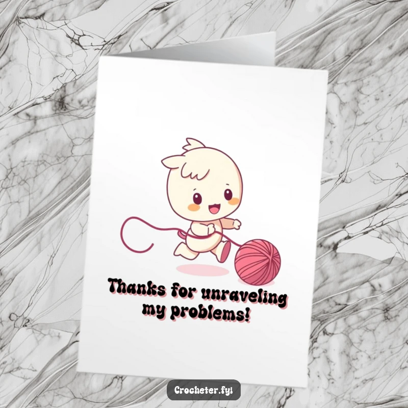 Funny Free Printable Thank You Card: Character playfully chases a runaway ball of yarn, offering a fun and downloadable thank you.