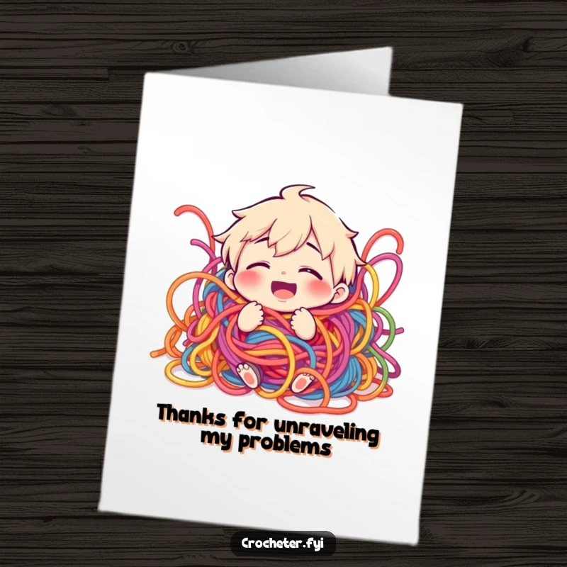 Funny Free Printable Thank You Card: A giggling character humorously stuck in a jumbled pile of colorful knitting yarn.