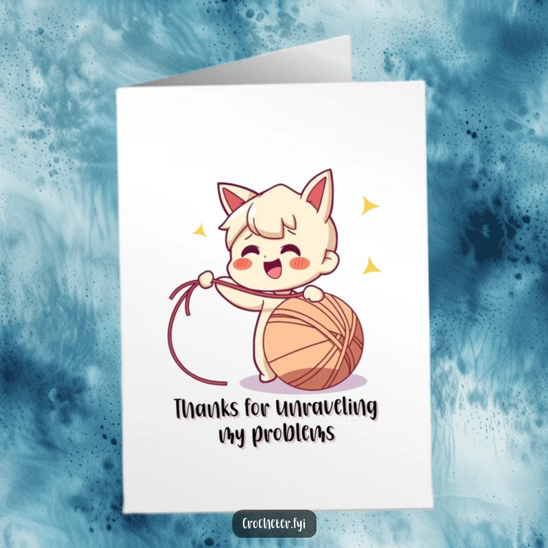 Funny Free Printable Thank You Card: Cheerful character pulling a long yarn strand, representing deep thanks.