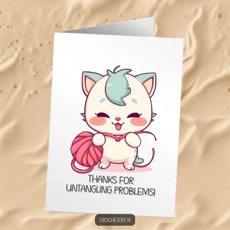 Funny Free Printable Thank You Card: A playful character with a mischievous grin tangling a ball of yarn into a knot.