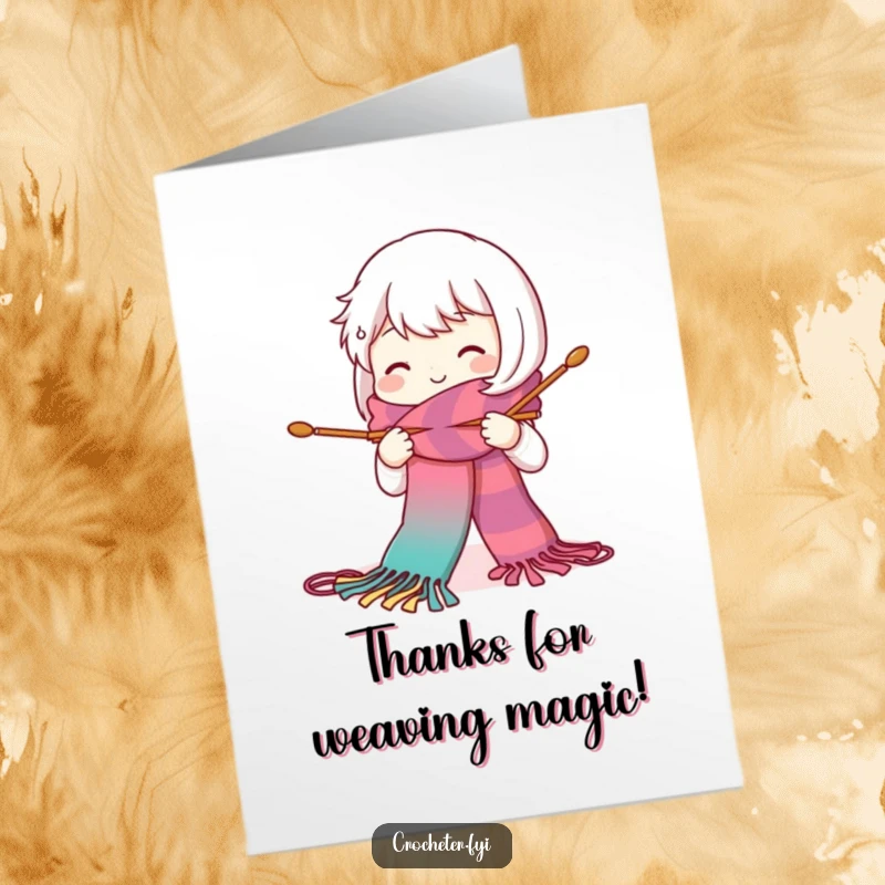 Funny Free Printable Thank You Card: A smiling character focused on knitting a long, colorful scarf with large needles.