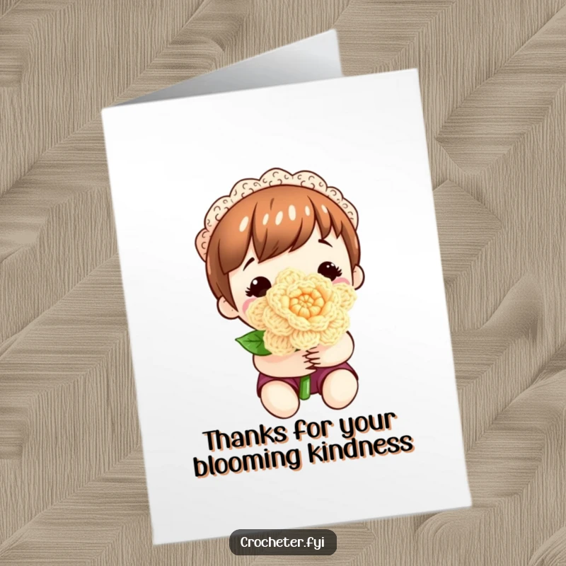 Sweet Free Printable Thank You Card: Serene character presenting a perfectly crocheted flower as a token of appreciation.