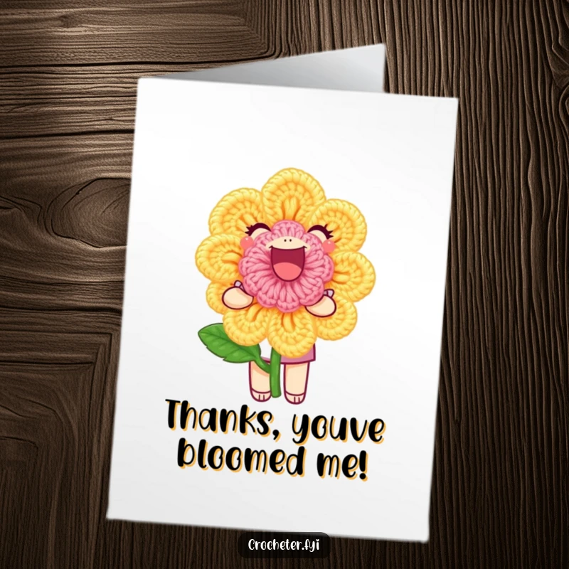 Funny Free Printable Thank You Card: A joyful character proudly presenting a perfectly crocheted flower, a sweet way to say thank you.