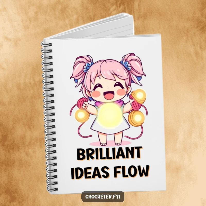 Funny notebook, joyful character holding vibrant yarn skeins like glowing orbs, witty and inspiring for notes.
