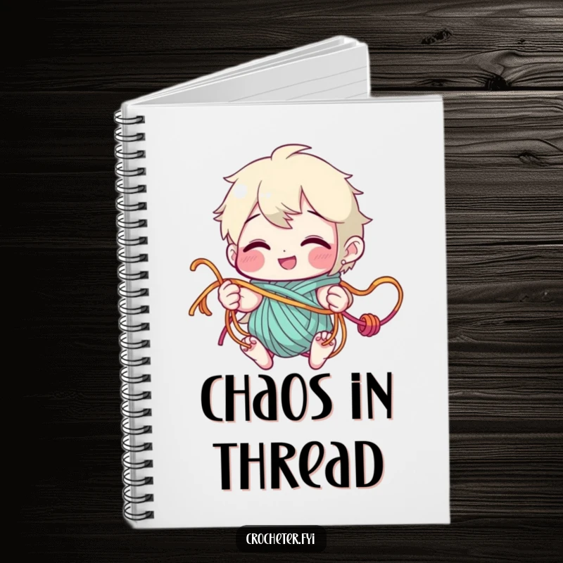 Funny Notebook showing a grinning character humorously tangled in yarn, with blank pages ready for notes on crafting projects or daily thoughts.
