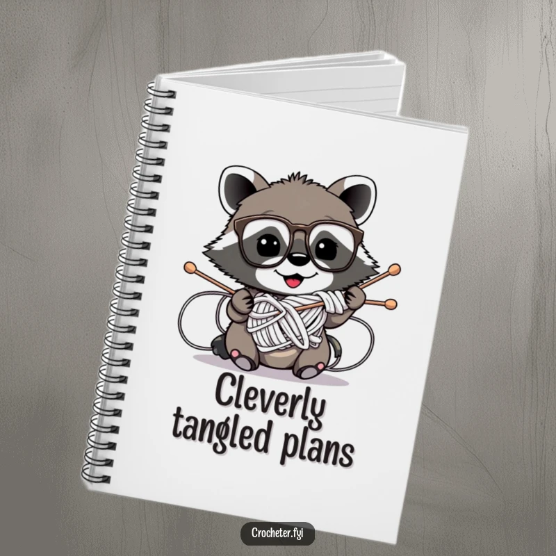 Funny notebook with a mischievous raccoon wearing glasses hilariously tangled in knitting needles, ideal for journaling crafting ideas humorously.