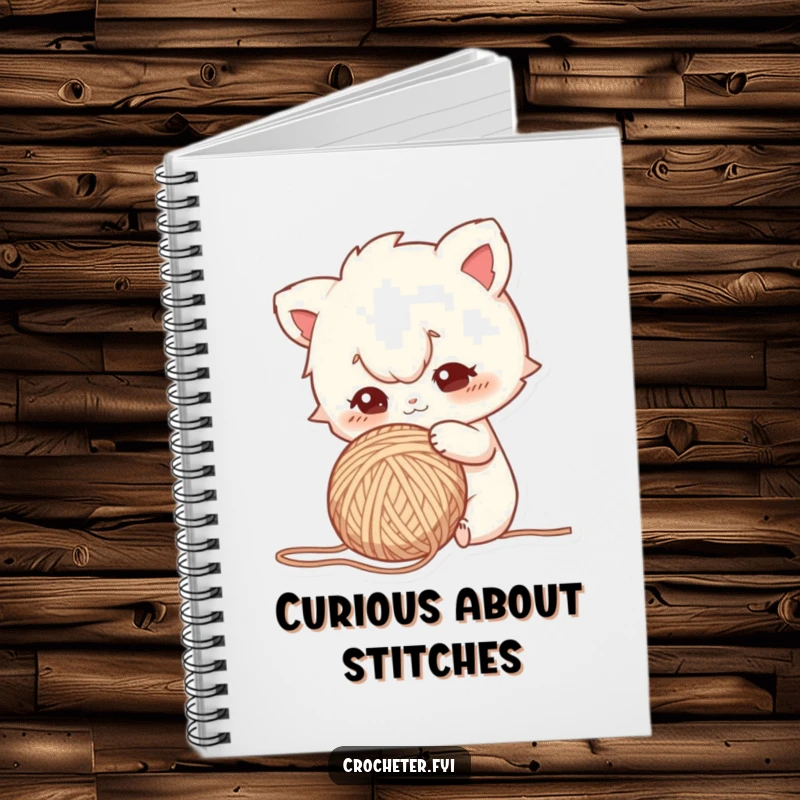Funny notebook cover showing a curious character poking a ball of yarn with a focused gaze, ideal for investigative journaling.