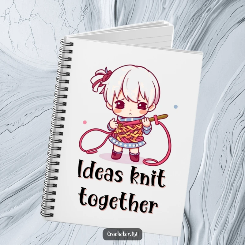 Funny Notebook showing a determined character intensely crocheting colorful threads, perfect for jotting down patterns or daily thoughts.