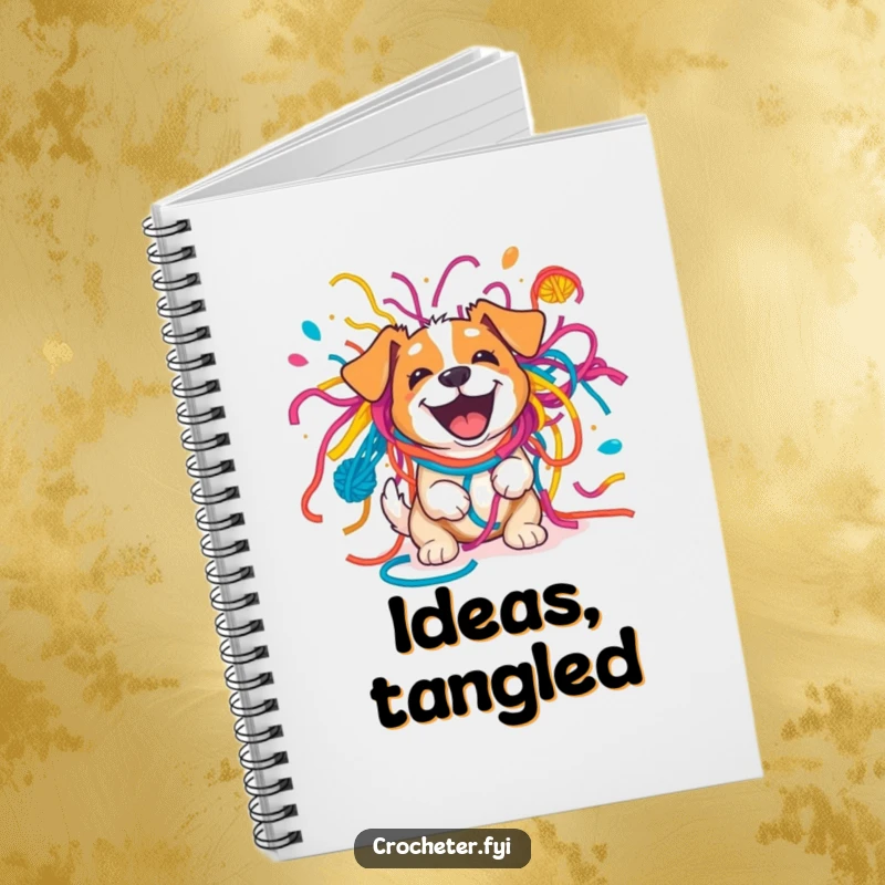 Funny excited dog comically tangled in a vibrant yarn explosion, a humorous notebook cover for jotting down ideas.