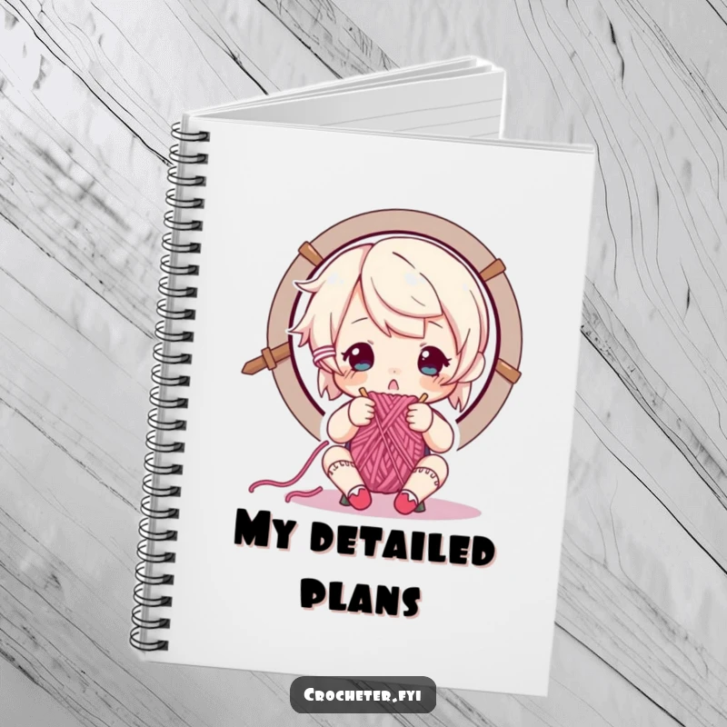 Funny notebook cover with a focused character carefully threading yarn through a needle's eye, perfect for planning.