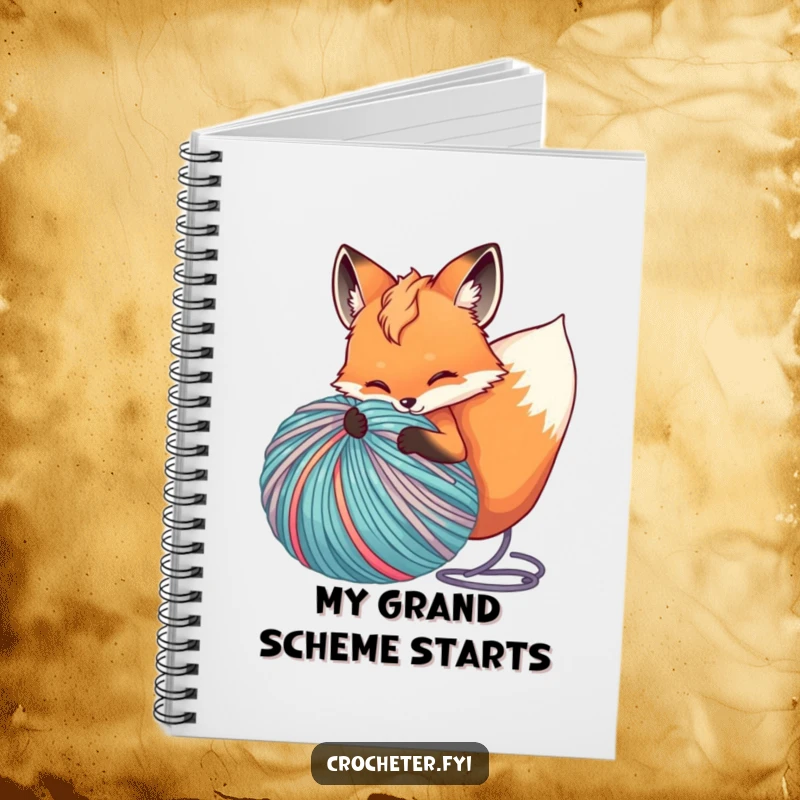 Funny notebook cover with a playful fox unspooling a huge ball of colorful yarn, perfect for jotting down creative ideas.