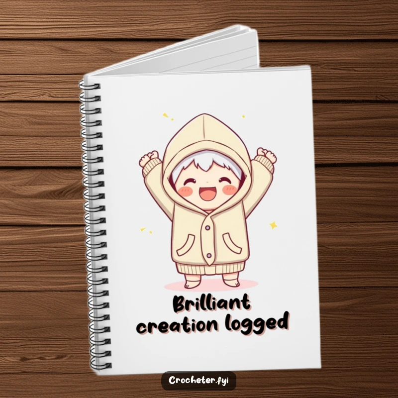 Funny notebook cover showing a joyful character finishing a cozy garment with a flourish, ideal for documenting craft achievements.