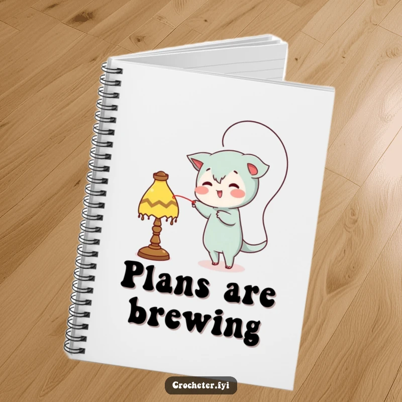 Funny notebook, mischievous character looping thread around a lamp, witty and practical for note-taking.