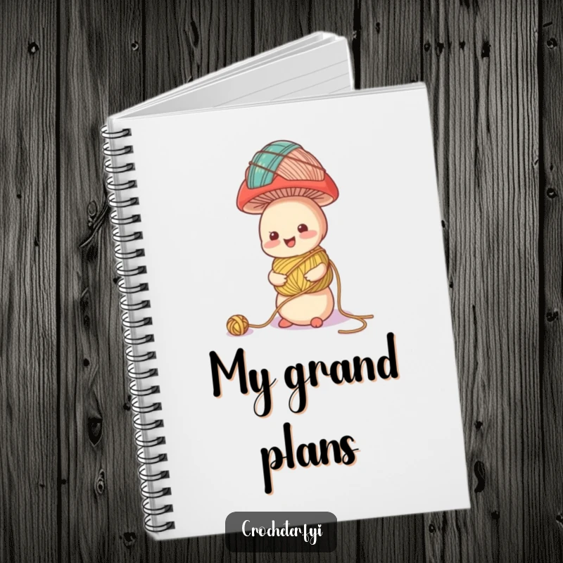 Funny notebook with a cheerful mushroom character balancing a tall stack of yarn balls, perfect for journaling crafting ideas humorously.