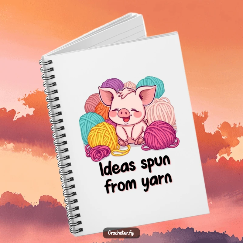 Funny giggling piglet with yarn on a notebook, a cute and humorous tool for journaling creative ideas.