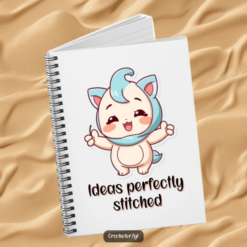 Funny notebook with a happy character proudly displaying a perfect knitting stitch, ideal for journaling crafting projects.