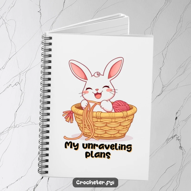 Funny notebook cover with a happy rabbit pulling a long string of yarn, perfect for jotting down creative ideas.