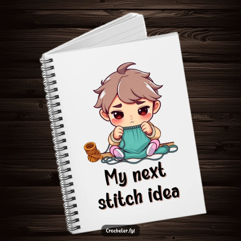 Funny notebook with a determined character counting knitting stitches, designed for jotting down patterns and creative thoughts.