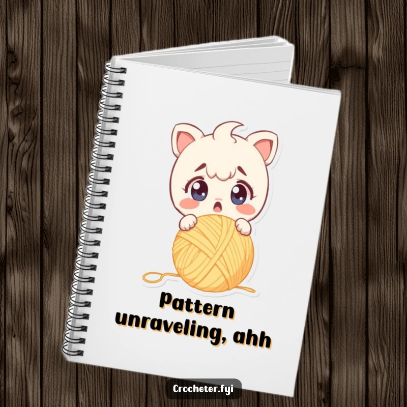 Funny notebook cover with a surprised character dropping yarn, wide eyes conveying alarm, perfect for notes.