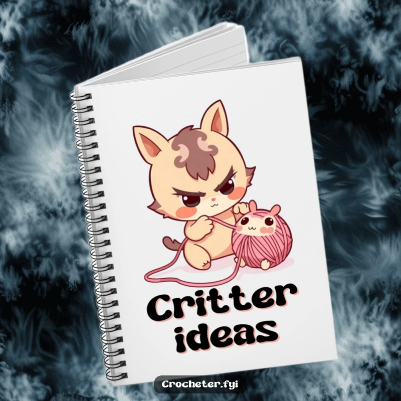 Funny notebook with a mischievous character playfully pulling a small yarn critter from a project.