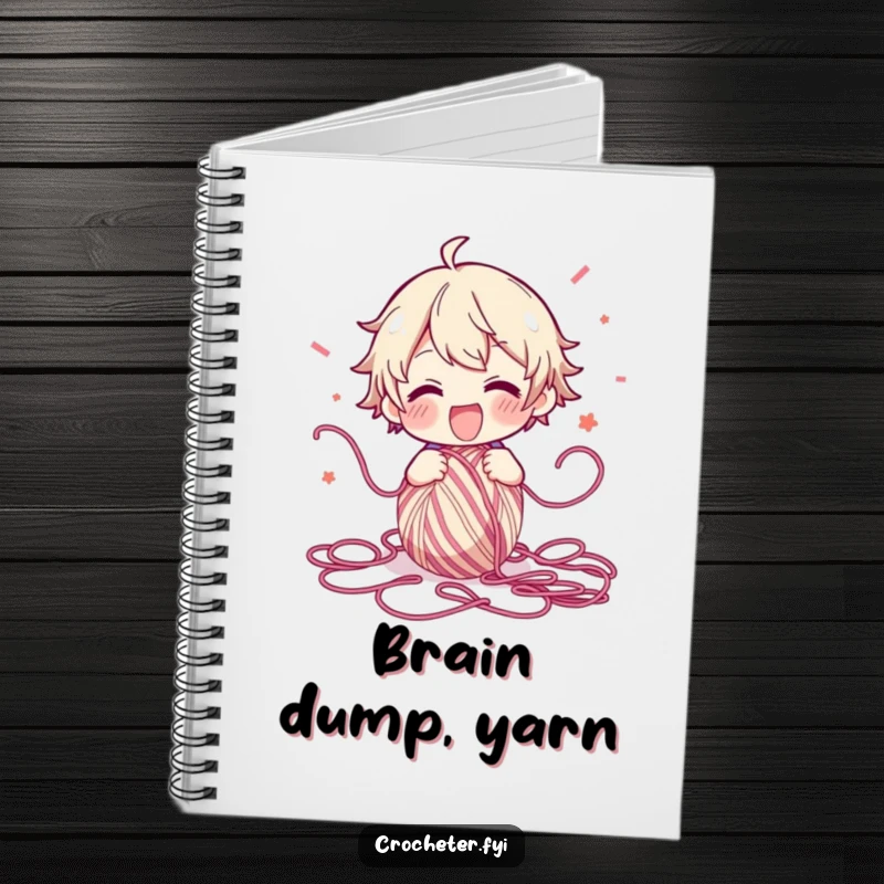 Funny Notebook showing a character with wide, excited eyes, unraveling a ball of yarn, with blank pages for notes on creative projects.