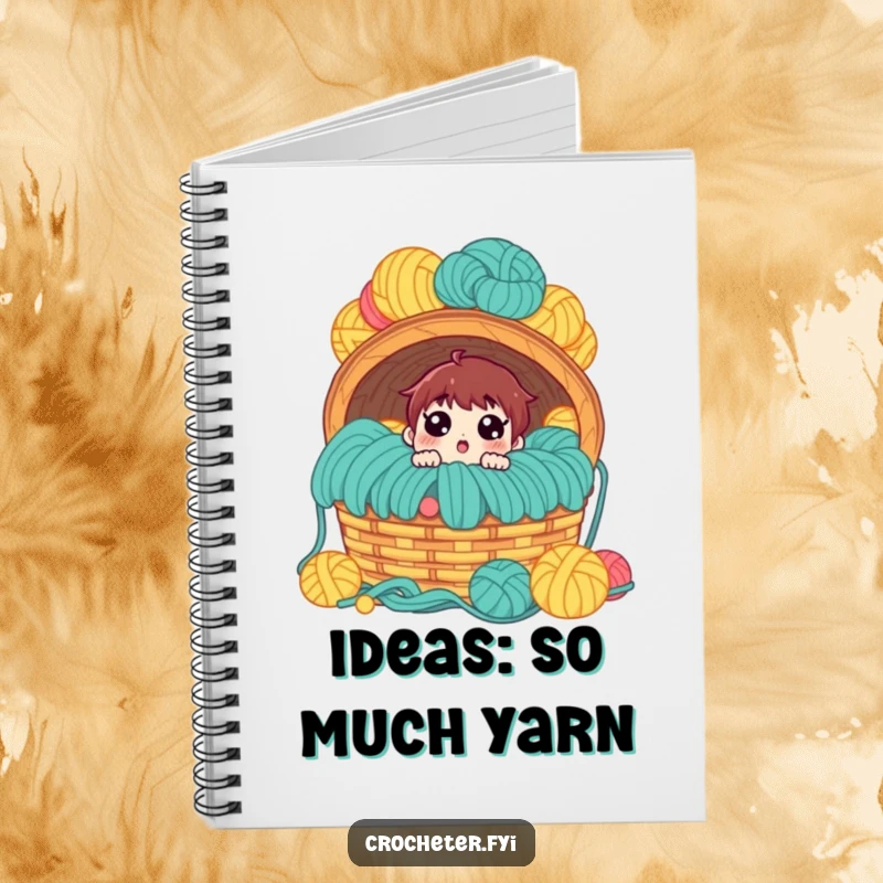 Funny notebook, surprised character with wide eyes at a huge, overflowing yarn basket, perfect for crafters.