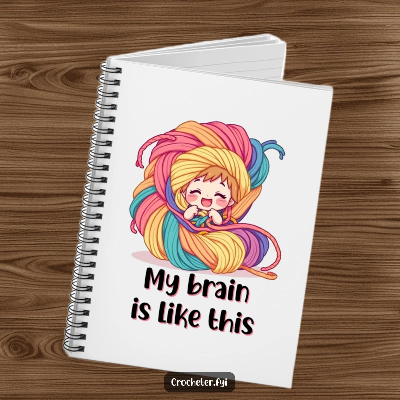 Funny Notebook: A giggling character is hilariously entangled in a giant, colorful yarn creation, perfect for notes and ideas.