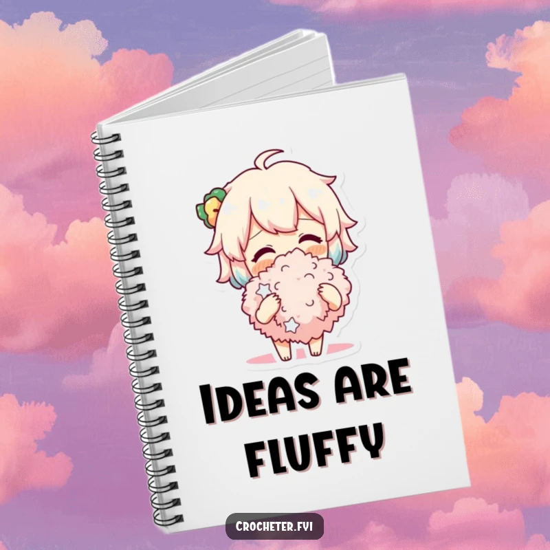 Funny Notebook showing a cheerful character holding a fluffy pompom, with blank pages ready for notes on crafting projects.