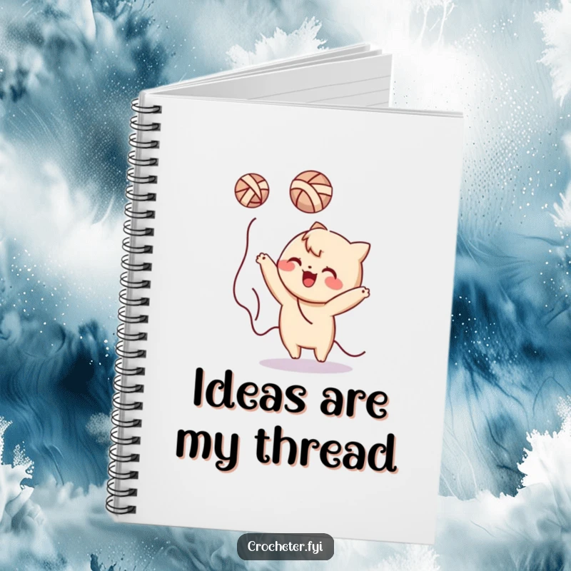 Funny yarn tossing character notebook, inspiring creative bursts with its playful and humorous design.