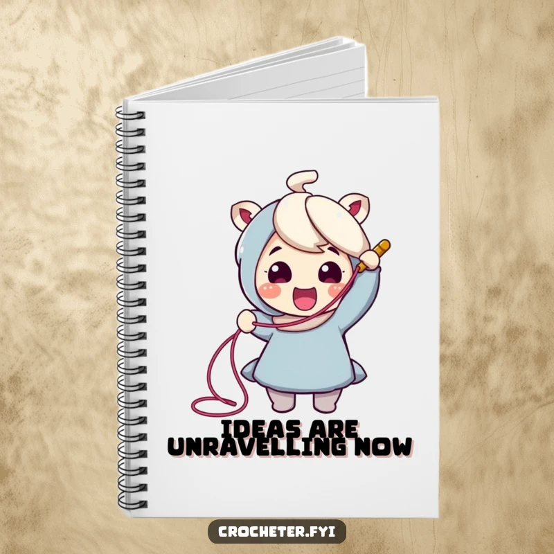 Funny Crochet Notebook: Cheerful character happily pulling a long thread from a crochet hook, perfect for jotting down creative thoughts.