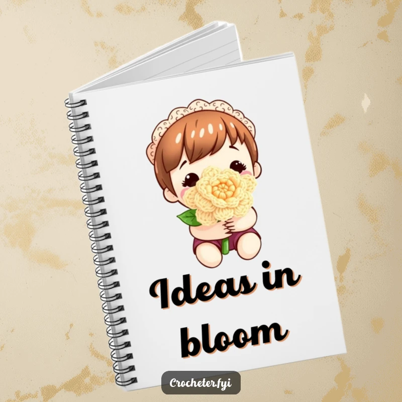 Funny notebook featuring a content character holding a delicate crocheted flower, perfect for creative minds.