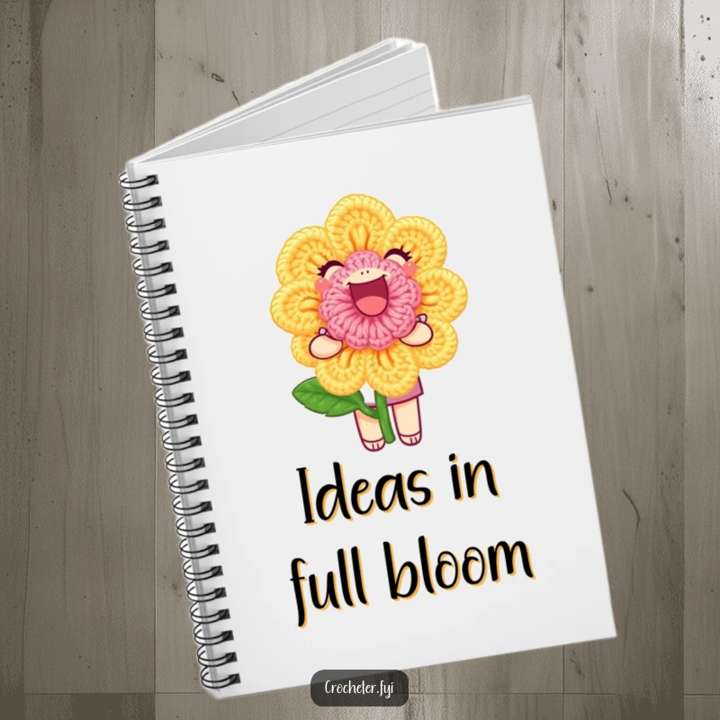 Funny Notebook: A joyful character proudly shows off a perfect crochet flower, perfect for jotting down patterns and ideas.
