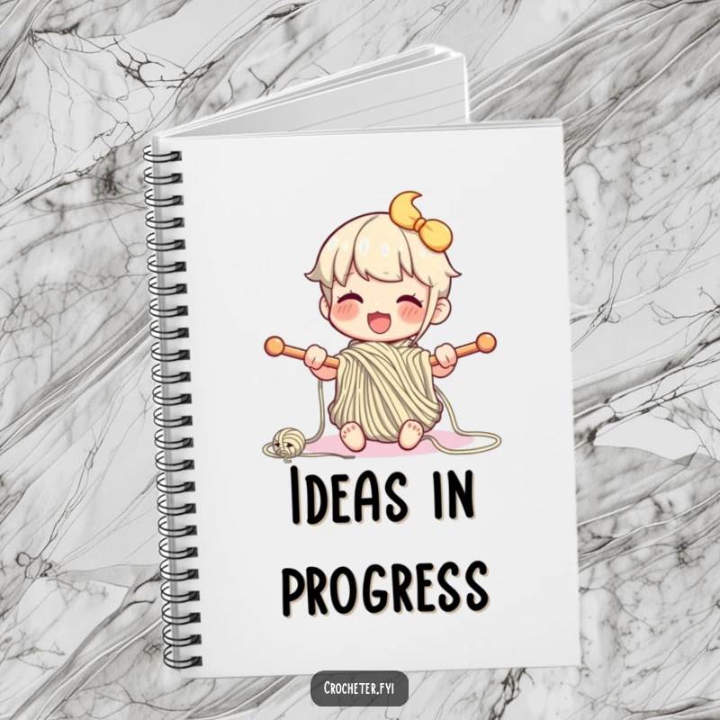 Funny notebook cover with a happy character enthusiastically knitting, ideal for jotting down creative ideas and patterns.
