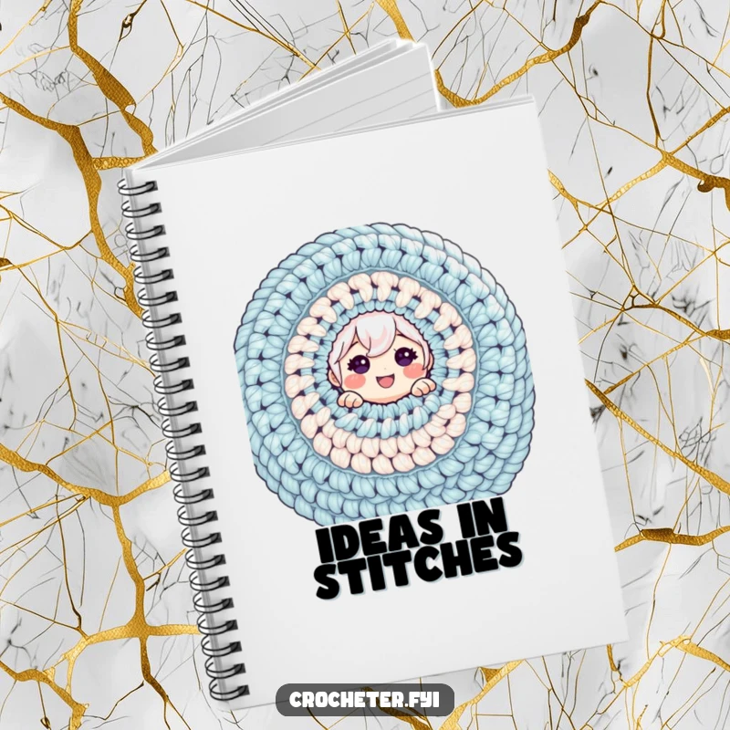 Funny notebook featuring a cheerful character emerging from a giant crochet project, perfect for notes and ideas.