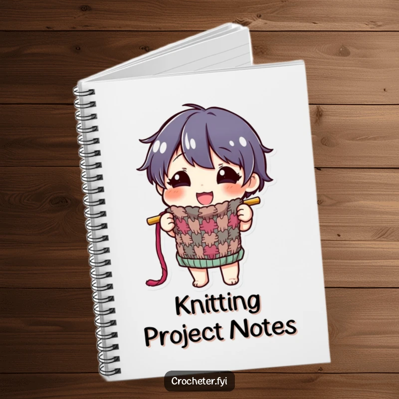 Funny notebook with a happy character proudly displaying a colorful, half-finished knitted item, perfect for project planning.