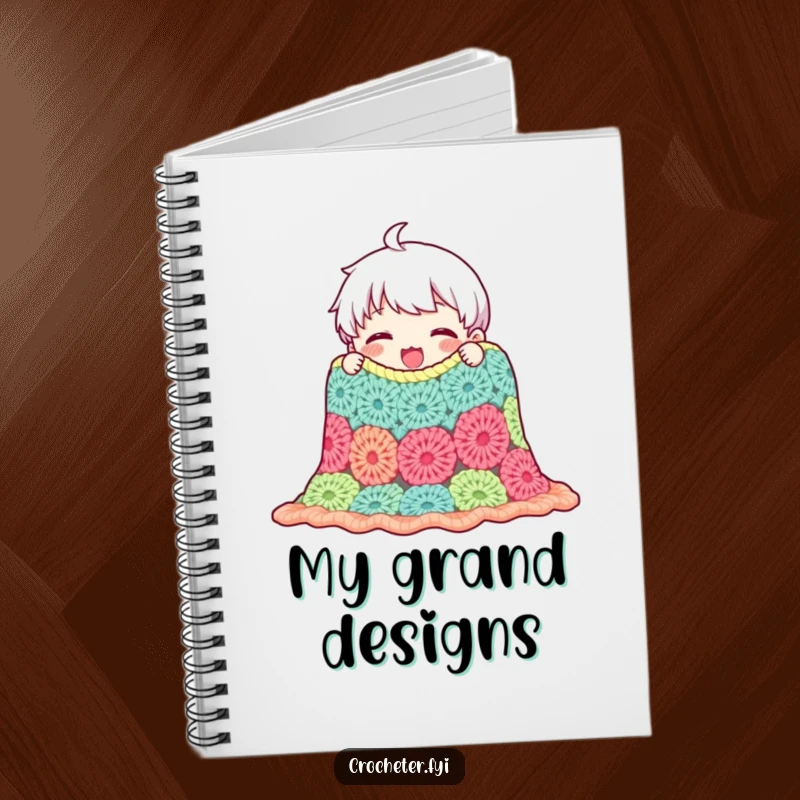 Funny notebook cover features a content character admiring a crocheted blanket, inspiring organized note-taking and creative craft planning.
