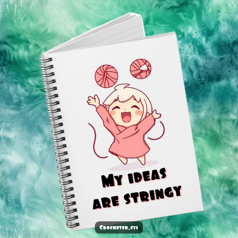 Funny Notebook cover with a character gleefully throwing a ball of yarn into the air, great for jotting down spreadable creative ideas.