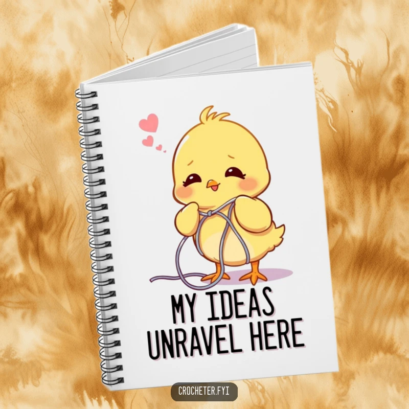 Funny chick notebook, with a playful chick unraveling yarn on the cover, inspiring creative writing and planning.