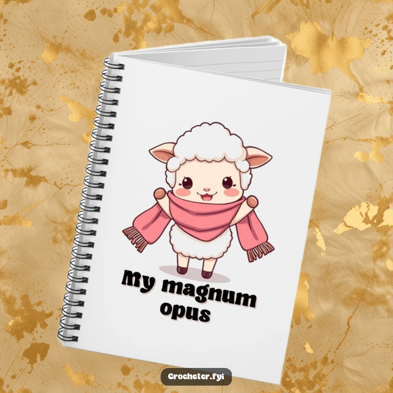 Funny perky sheep beaming while holding a very long scarf, a humorous notebook cover for creative writing.