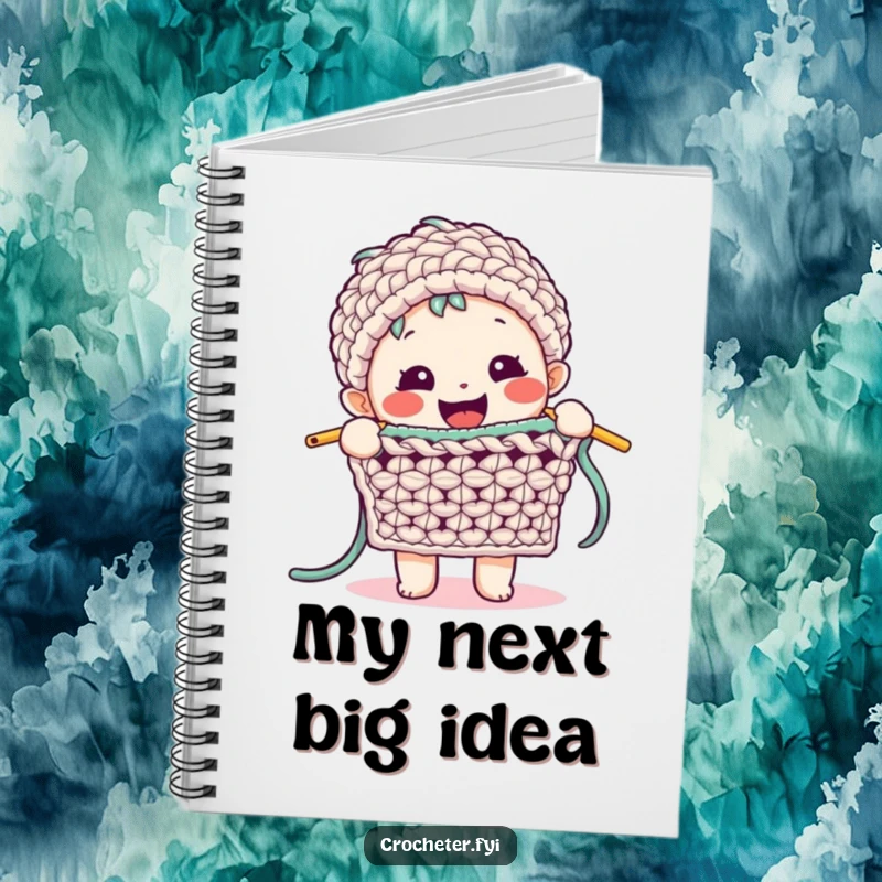 Funny Crochet Notebook: A happy character enthusiastically demonstrates a complex crochet stitch, perfect for planning intricate projects.