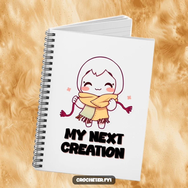 Funny yarn looping notebook, with a smiling character energetically crafting a colorful scarf from yarn, ready for notes.