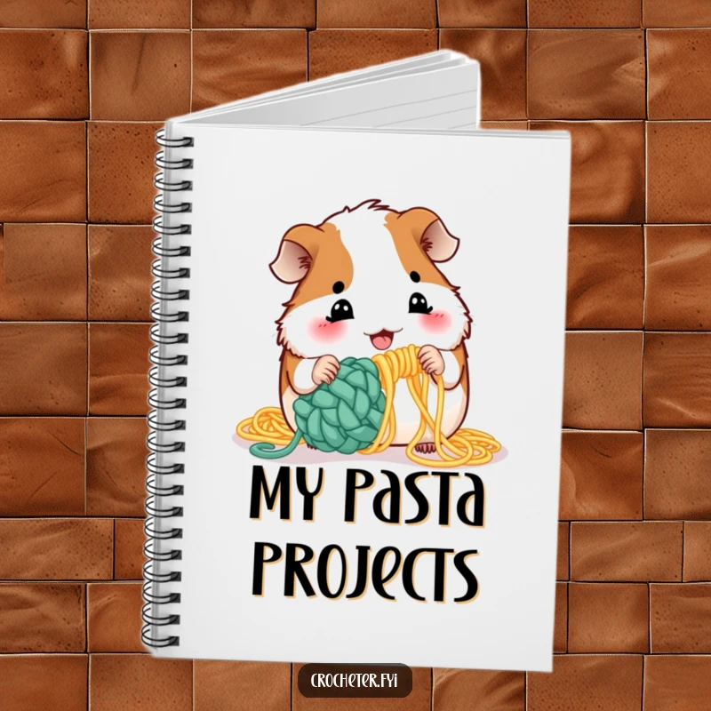 Funny guinea pig crochet notebook with a playful pet attempting to crochet using uncooked spaghetti, perfect for notes.