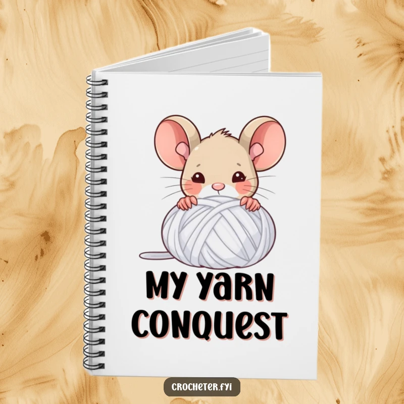 Funny notebook cover with a triumphant mouse peeking from behind a yarn ball, ideal for documenting creative wins.