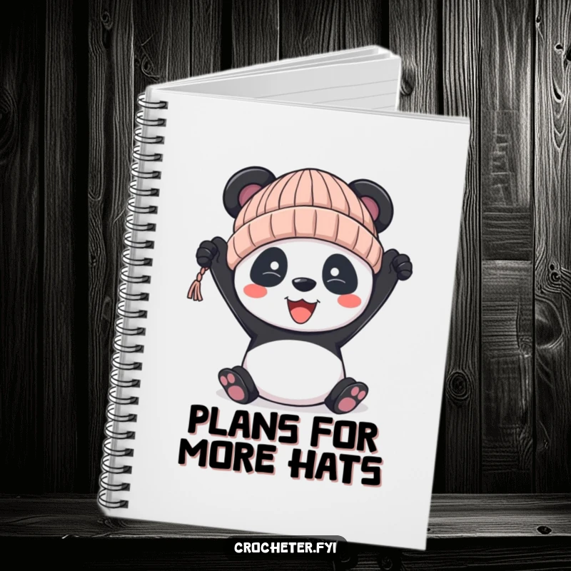 Funny panda notebook cover, featuring a panda holding a handmade hat, perfect for jotting down knitting ideas.