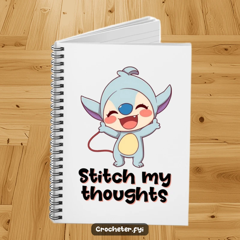 Funny notebook with a lively character demonstrating a complex stitch technique, ideal for note-taking.