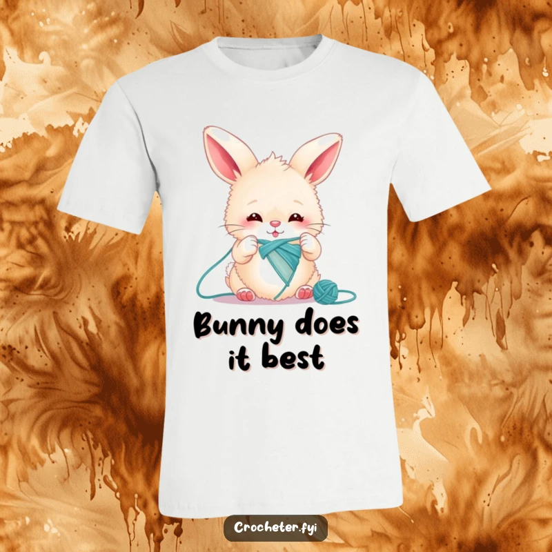 Funny bunny t-shirt with a fluffy rabbit enthusiastically but comically knitting one very long, unmanageable thread.