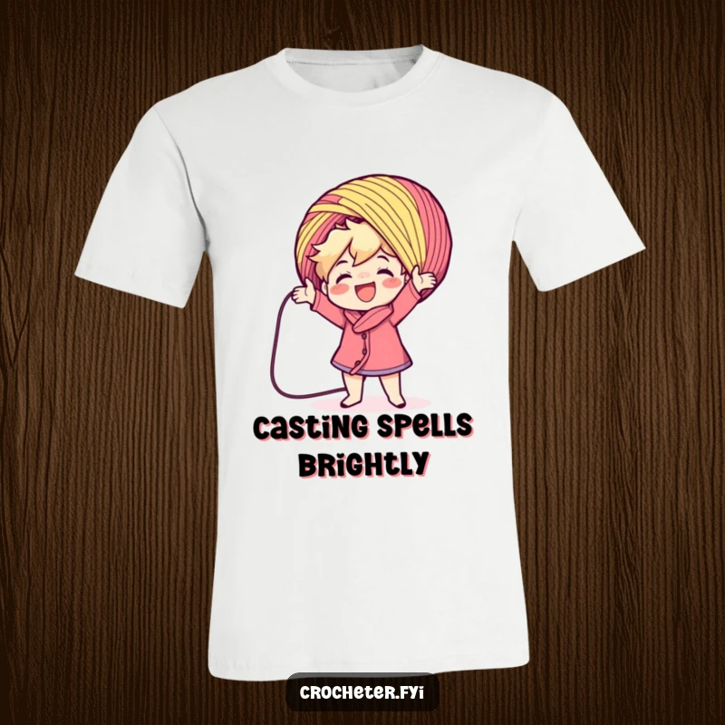 Funny character joyfully casting a large colorful yarn ball, featured on a t-shirt. A humorous and relatable crafting design, ideal for a funny gift.