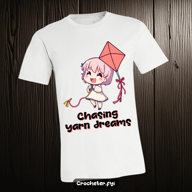 Funny t-shirt depicting a delighted character flying a long, colorful yarn strand like a kite, embodying fun and creativity.