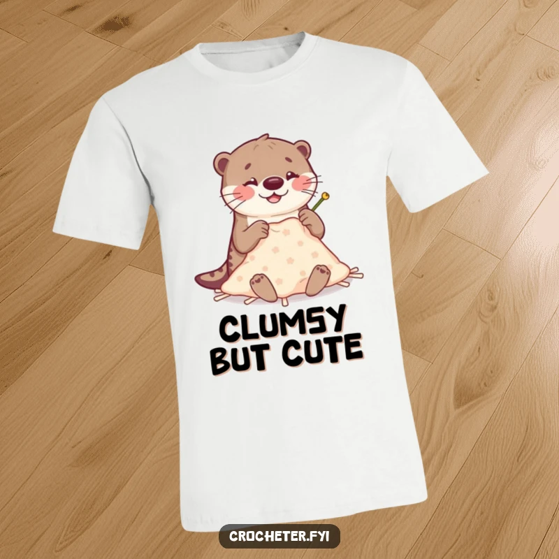 Funny Otter Stitching T-Shirt: A happy otter humorously crafts a blanket with massive, clumsy needles, depicting a funny gift idea.