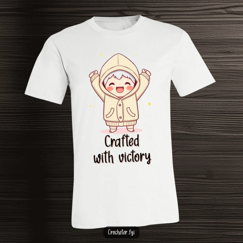 Funny t-shirt showcasing a joyful character with a triumphant flourish completing a cozy garment, celebrating crafty achievements.